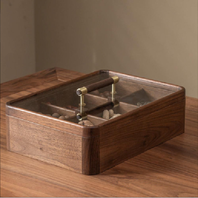 YANSE Six-compartment glass dried fruit box 35x25x14 Retro solid wood Chinese style snack storage box with cover