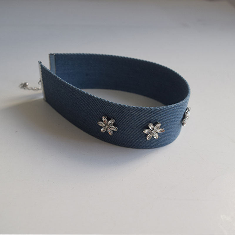 CHUANYANG Chokers Fabric wide edge gemstone rhinestone headband, denim blue hair band, retro pressed hair, high-end feel hair clip