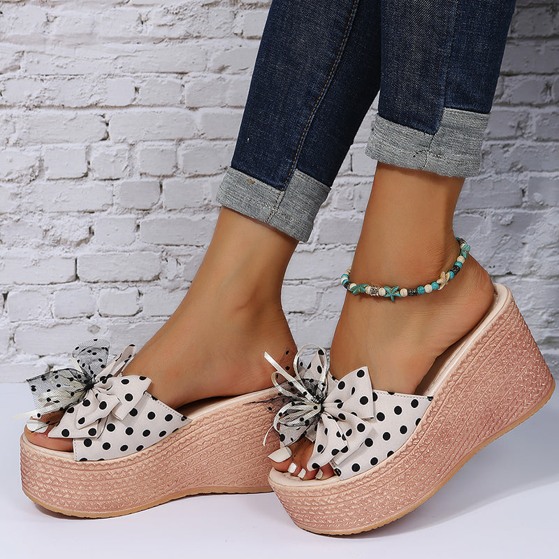 BODUODUO Muffin thick bottom slippers women's summer wear fashion fairy bow high heel wedge heel flip flop versatile non-slip sandal