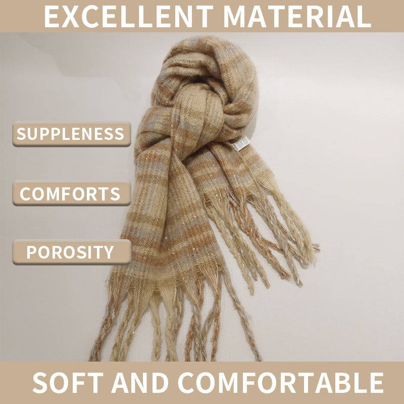 YuXiang Faux cashmere beige striped scarf mohair tassel fall and winter warm scarf couple with models Anti-cold Warm fall and winter