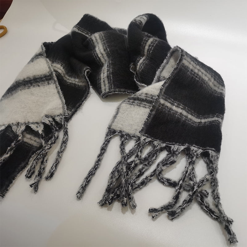 YuXiang New mohair black and white stripes color blocking scarf fall and winter warm color collision scarf Neck Women's fall and winter cotton