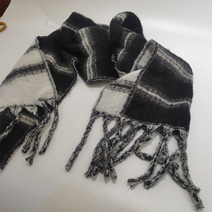 YuXiang New mohair black and white stripes color blocking scarf fall and winter warm color collision scarf Neck Women's fall and winter cotton