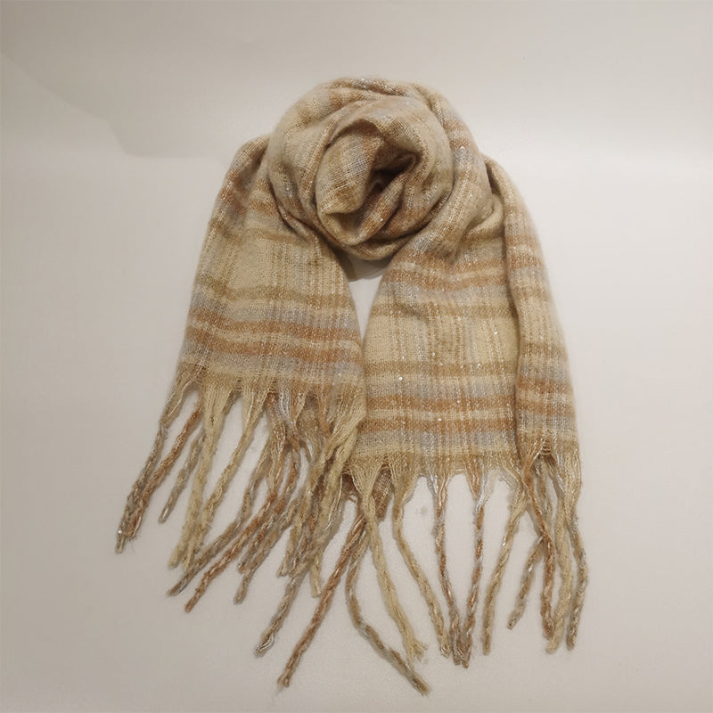YuXiang Faux cashmere beige striped scarf mohair tassel fall and winter warm scarf couple with models Anti-cold Warm fall and winter