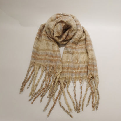 YuXiang Faux cashmere beige striped scarf mohair tassel fall and winter warm scarf couple with models Anti-cold Warm fall and winter
