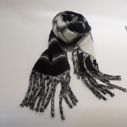 YuXiang New mohair black and white stripes color blocking scarf fall and winter warm color collision scarf Neck Women's fall and winter cotton