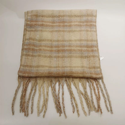 YuXiang Faux cashmere beige striped scarf mohair tassel fall and winter warm scarf couple with models Anti-cold Warm fall and winter