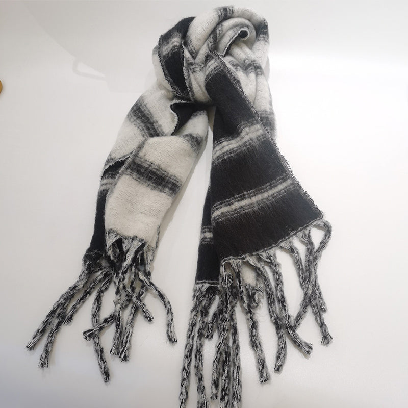 YuXiang New mohair black and white stripes color blocking scarf fall and winter warm color collision scarf Neck Women's fall and winter cotton
